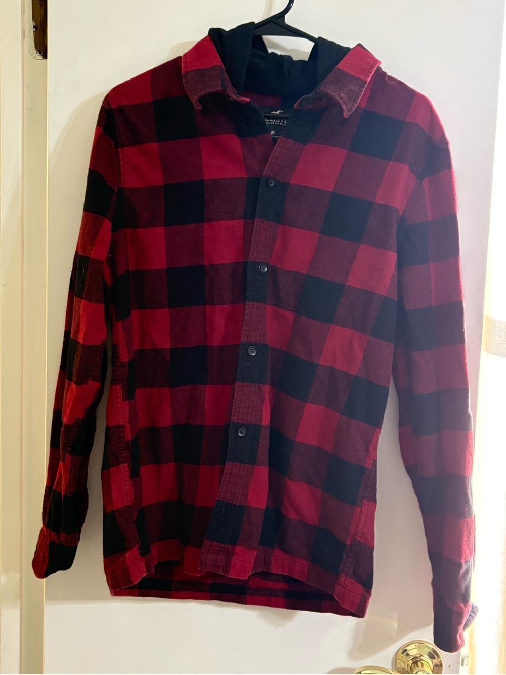 Hollister Red and Black Buffalo Plaid Button-Down Shirt with Hood